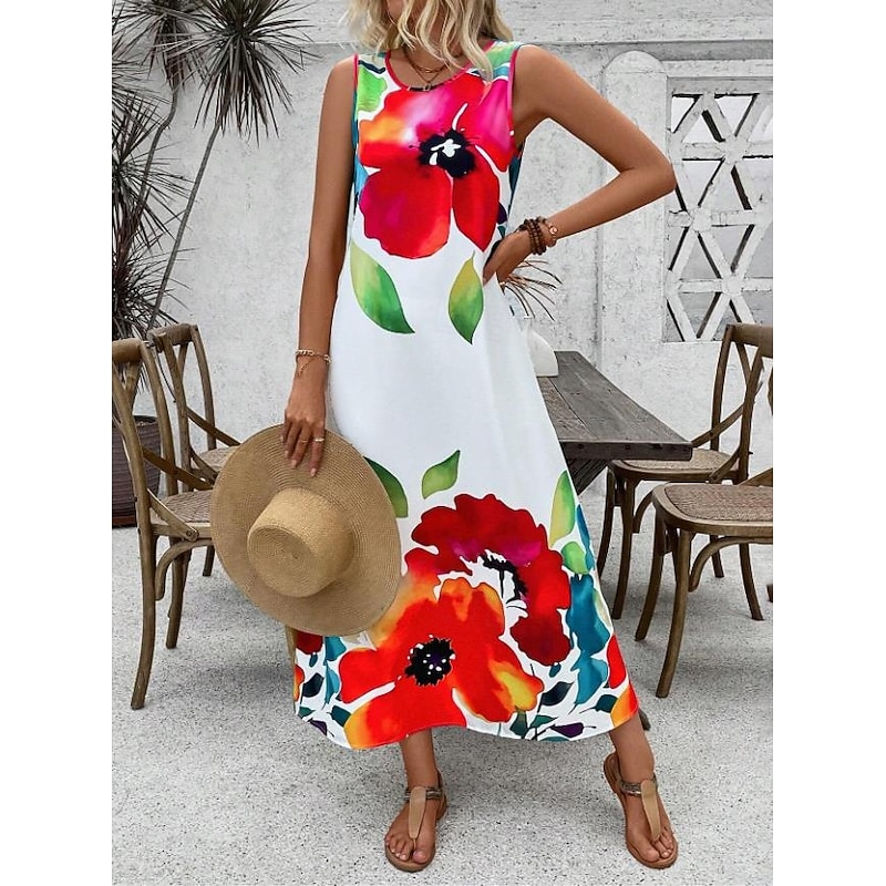 Women's Maxi Dress A Line Dress Vacation Casual Beach Daily Regular Fit Floral Graphic Sleeveless Crew Neck Red Summer Spring4