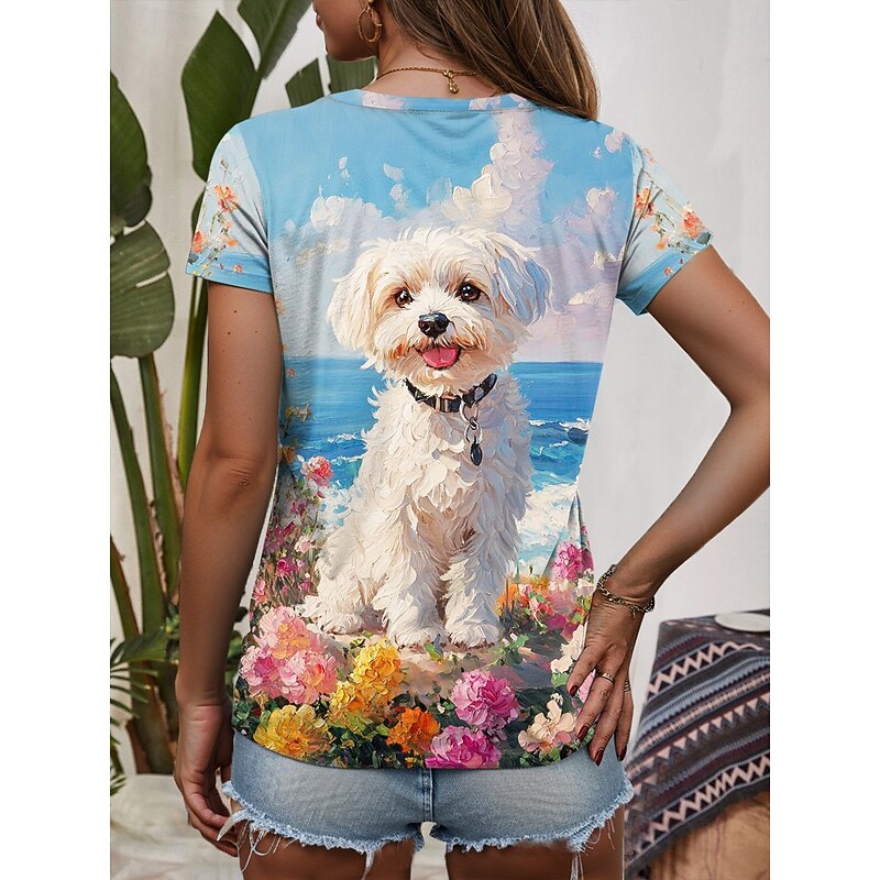 Women's T Shirt Graphic Animal Dog Stylish Classic Casual Short Sleeve Crew Neck Regular Tops Daily Weekend Print Grass Green Blue Dusty Blue Orange Green Summer Spring2