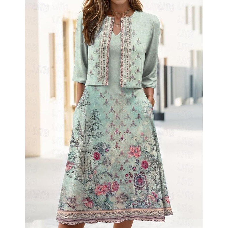 Women's Two Piece Dress Sets Midi Dress with Jacket Elegant A Line Dress Half Sleeve Party Cocktail Floral Print V Neck Wedding Guest Daily Green Regular Fit