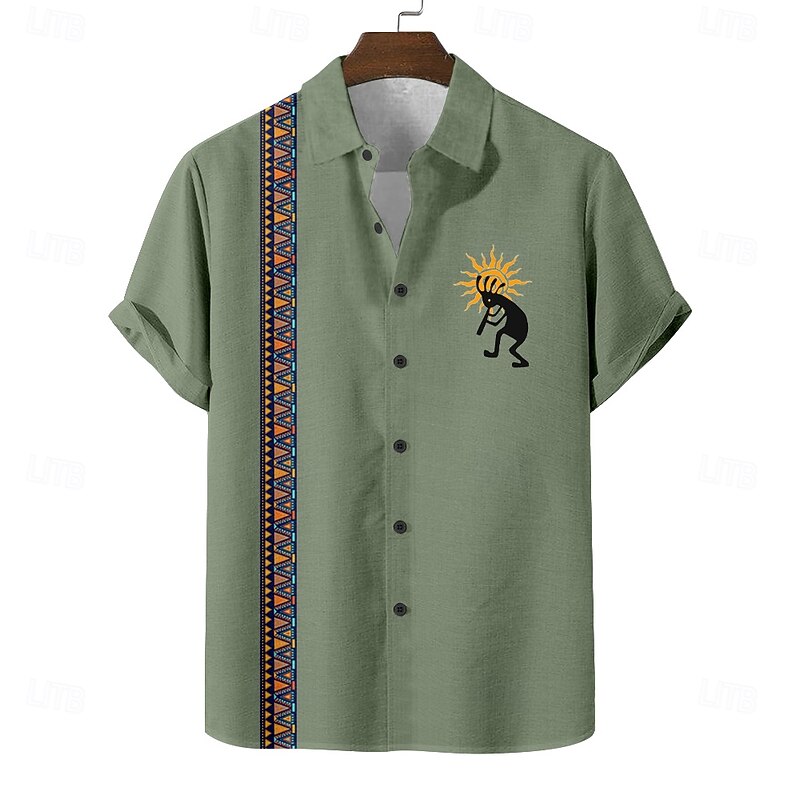 Men's Geometric Ethnic Kokopelli Shirt Summer Shirt Button Up Shirt Short Sleeve Vintage Retro Holiday Casual Daily Summer Spring Turndown 3D Print Linen Like Shirt Blue Green Khaki Dark Blue3