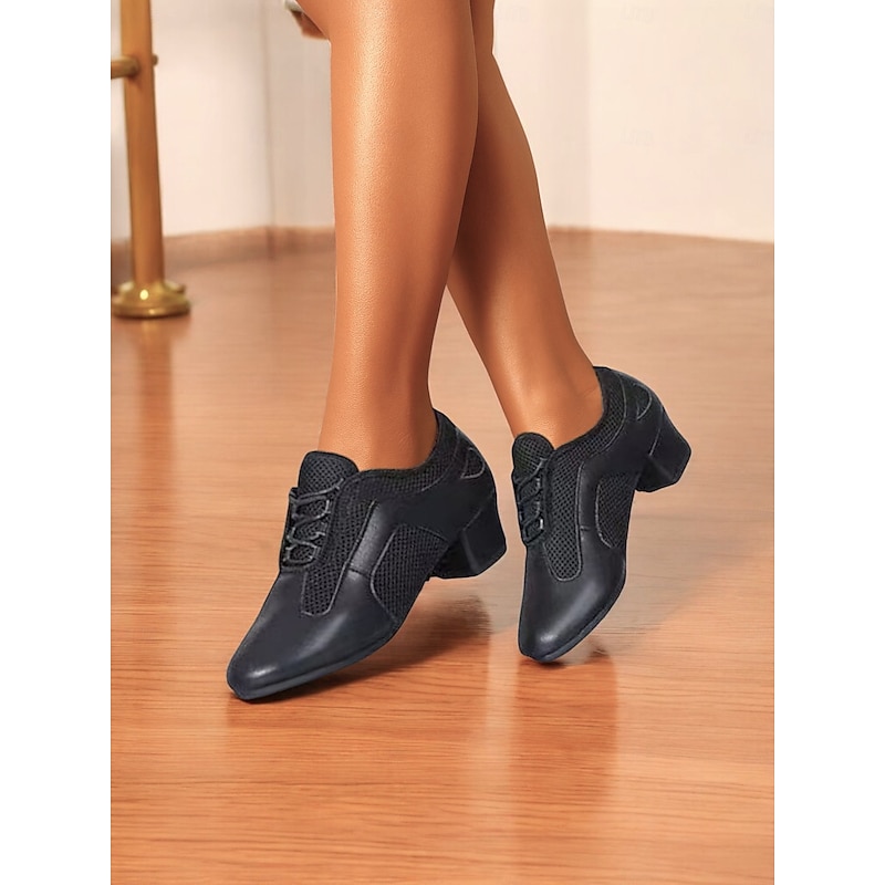 Women's Black Mesh and Faux Leather Latin Dance Shoes with Low Heel – Breathable Lace-Up Ballroom Practice Shoes for Beginners and Professionals2