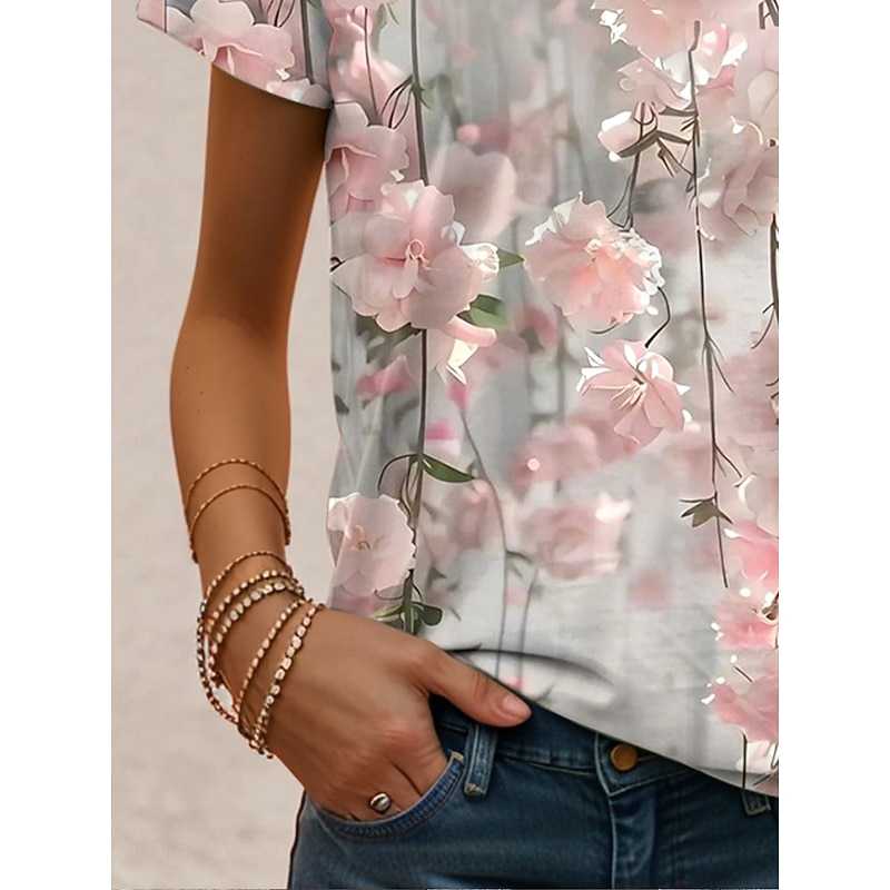 Women's T Shirt Ombre Floral Graphic Vintage Stylish Classic Short Sleeve Crew Neck Round Neck Regular Tops Daily Print Pink Summer3