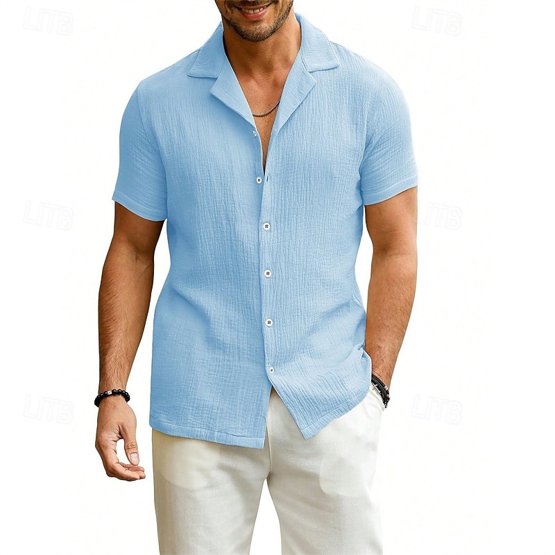 Men's Shirt Summer Shirt Casual Shirt Beach Shirt Button Up Shirt Black White Sky Blue khaki Gray Short Sleeve Plain Lapel Vacation Hawaiian Clothing Apparel Polyester Fashion Casual Comfortable