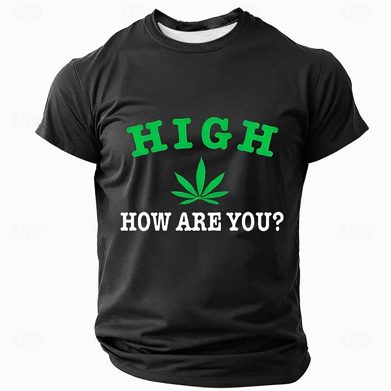 Men's Short Sleeve Graphic T-Shirt with "HIGH HOW ARE YOU?" Cannabis Leaf Pun Humor Design4