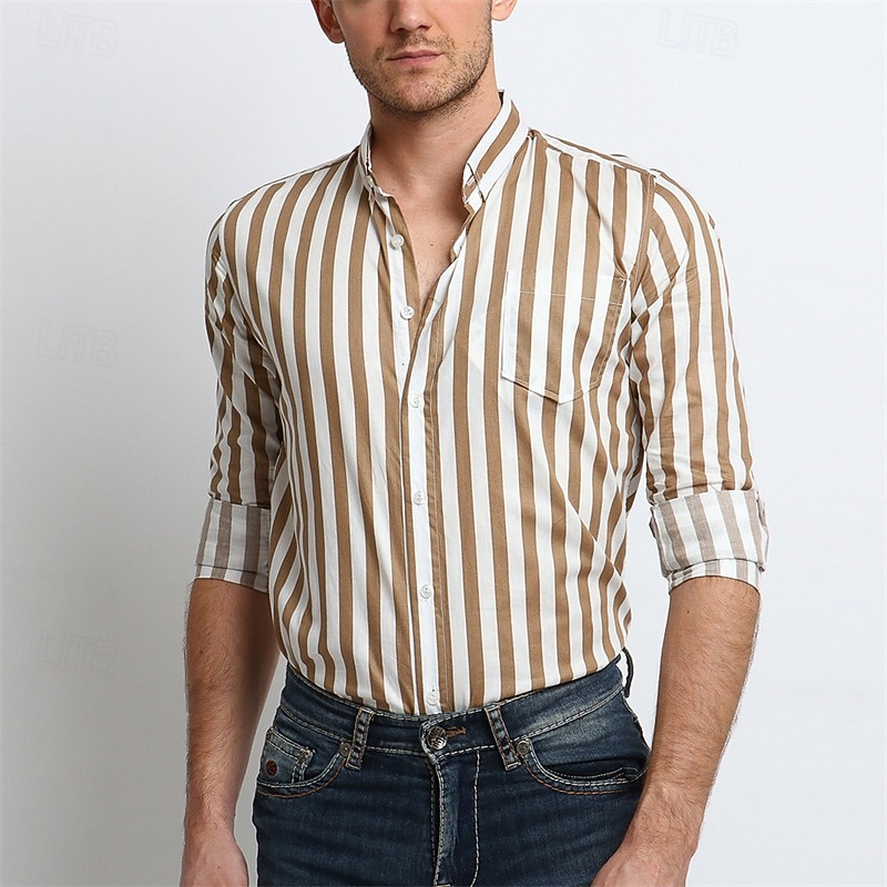 Men's Shirt Summer Shirt Casual Shirt Beach Shirt Button Up Shirt Black Yellow Red khaki Dark Blue Long Sleeve Stripes Lapel Vacation Hawaiian Pocket Clothing Apparel Polyester Fashion Casual2