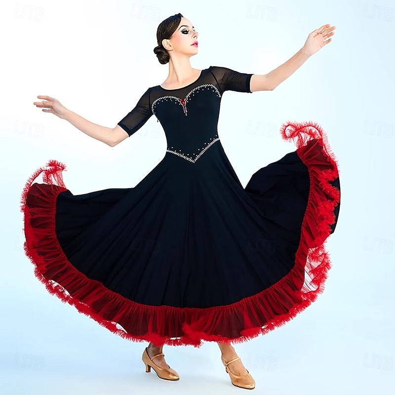 Ballroom Dance Competition Dress Women's Performance Modern Dancewear Clothes Short Sleeve Waltz Standard Dress3