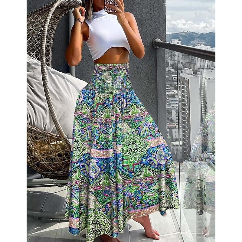 Women's Skirt Maxi Skirt Bohemia Fashion Beach Wear Casual Midi High Waist Skirts Floral Paisley Micro-elastic Vacation Street Gray Green Black Yellow Light Green Summer Polyester2