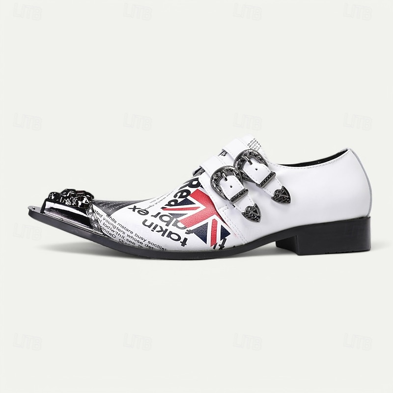 Men's White Punk Rock Monk Strap Leather Dress Shoes with Gold Tip British Flag–Statement Shoes for Music Festivals, Themed Parties and Concerts4
