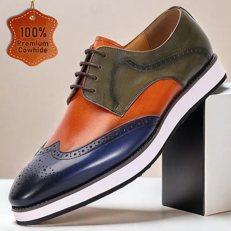 Men's Two-Tone Leather Derby Shoes – Stylish Orange and Blue Dress Shoes for Prom and Social Gatherings