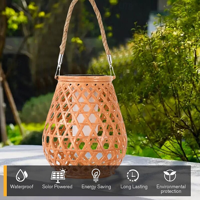 1 Pc Outdoor Solar Lanterns Bamboo Woven Wooden Lantern Rattan Woven Hanging Lantern Courtyard Garden Tree Landscape Light3