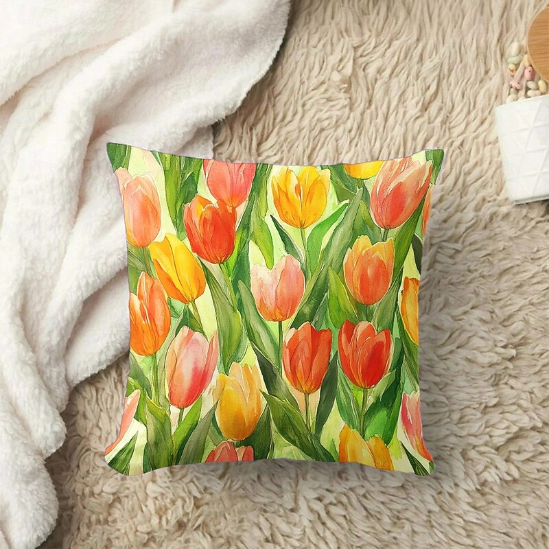 Summer Flower Tulips Decorative Toss Pillows Cover 1PC Soft Square Couch Cushion Case Pillowcase for Bedroom Livingroom Sofa Chair3