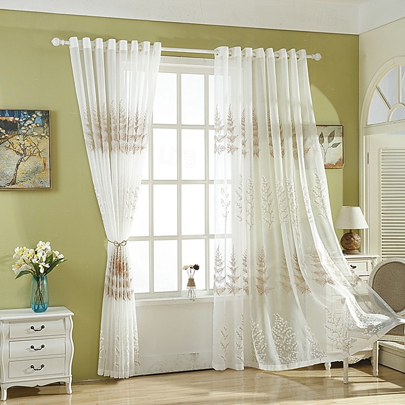 2Pcs French Style High-End Embroidered Window Screen Living Room Bedroom Dining Room Study Semi Transparent Curtains3