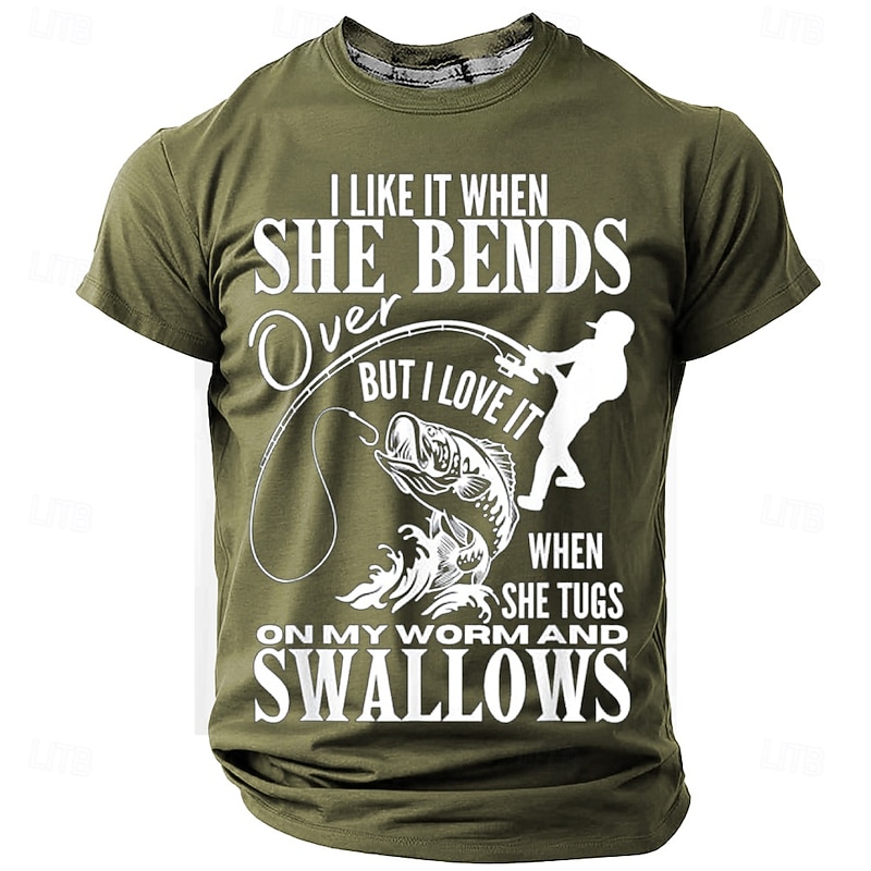 Humorous Fishing Graphic T-Shirt for Men - Funny 'She Tugs On My Worm and Swallows' Double Entendre Short Sleeve2
