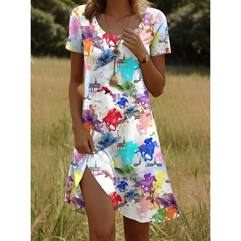 Kentucky Derby Women's Mini Dress A Line Dress T Shirt Dress Tee Dress Summer Dress Casual Daily Regular Fit Graphic Animal Short Sleeve Crew Neck White Summer Spring4