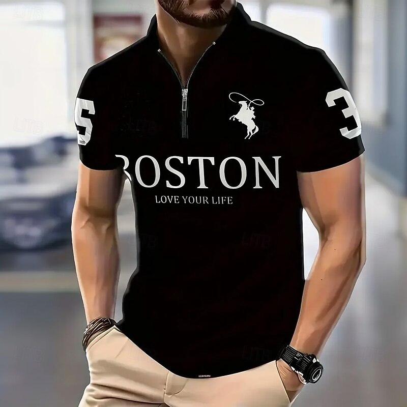 Men's Polo Shirt - BOSTON Love Your Life Graphic Short Sleeve with Zipper Collar