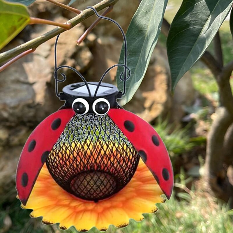 1 Pc outdoor solar powered hanging iron bird feeder with light seal, seven star ladybug cute design, sturdy and durable capacity, large courtyard garden decoration light, bird lover's gift2