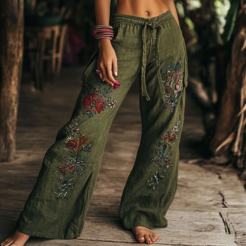 Women's Wide Leg Slacks Boho Full Length Natural Flower Pocket Printing Elastic Drawstring Design Comfy Outdoor Vacation Weekend Green Summer Regular Fit