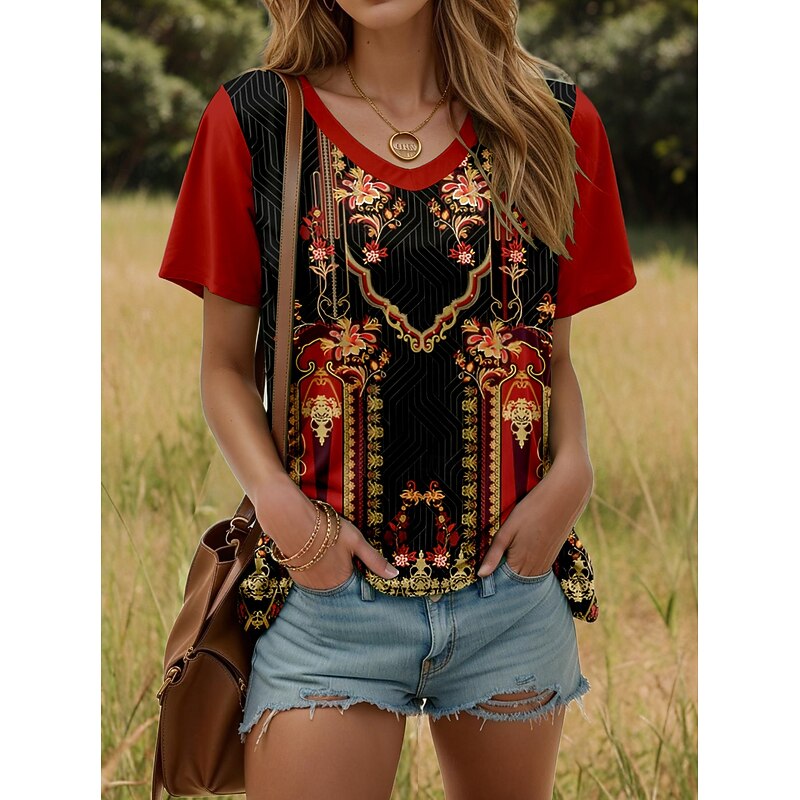Women's T Shirt Graphic Geometric Plants Stylish Modern Casual Short Sleeve V Neck Regular Tops Daily Weekend Print Wine Summer Spring - Main Image