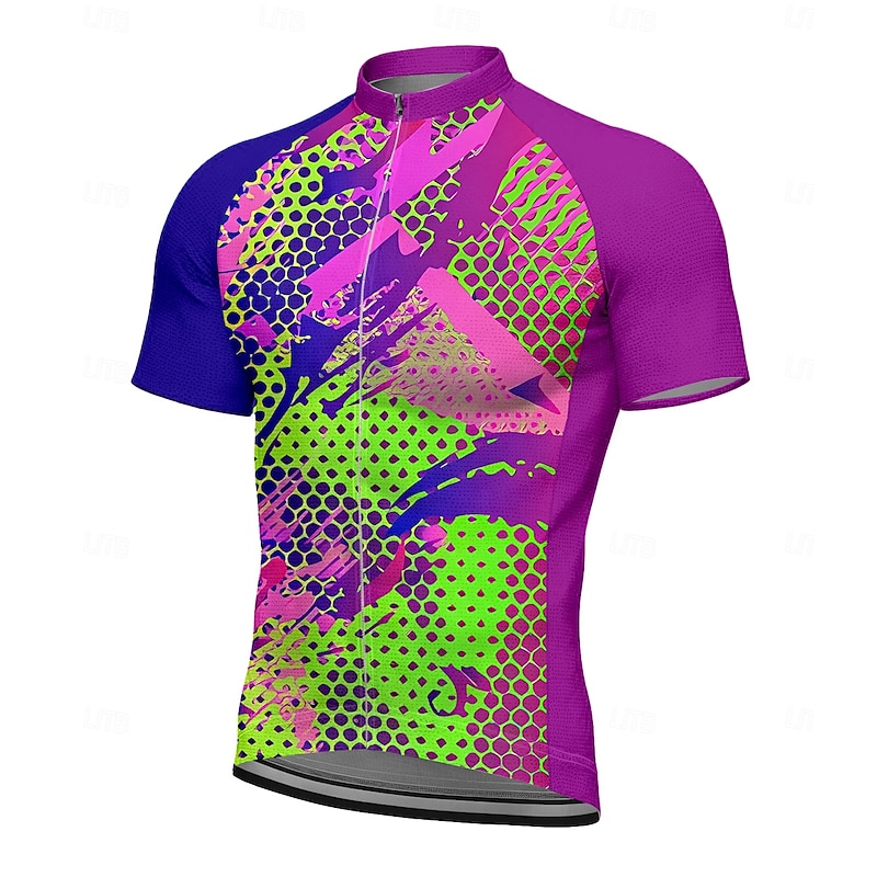 Men's Cycling Jersey Graphic Geometric Gradient Short Sleeve Bike Tee Tshirt Top with 3 Rear Pockets UV Resistant Quick Dry Front Zipper Reflective Strips Sports Purple Clothing Apparel