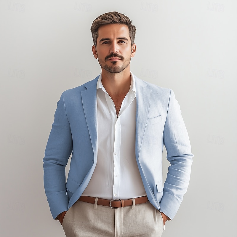 Men's Linen Blazer Sport Coat Notch Collar Fashion Casual Solid Colored Linen Blazer Sky Blue khaki Beige Standard Fit Single Breasted One-button