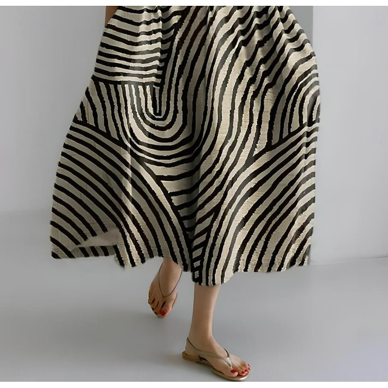 Women's Maxi Dress Sundress A Line Dress Summer Dress Vacation Casual Beach Daily Holiday Going out Loose Fit Graphic Geometric Linen Like Short Sleeve Crew Neck Boat Neck Dark Brown Light Brown3