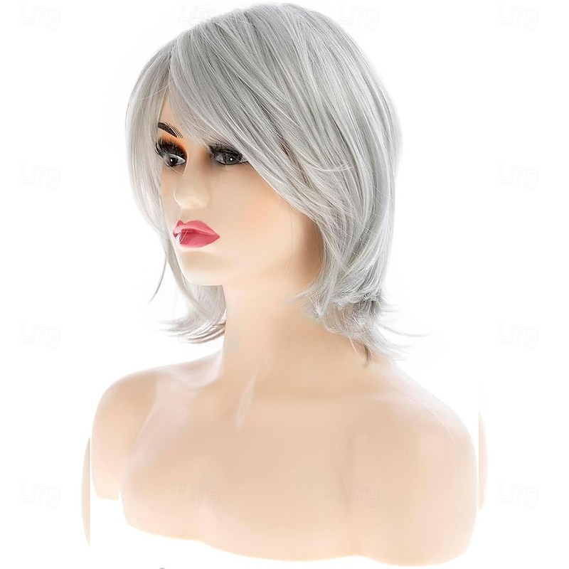 Layered Grey Wigs for Women Shoulder Length Straight Wig with Bangs Natural Synthetic Cosplay Replacement Hair Wig4