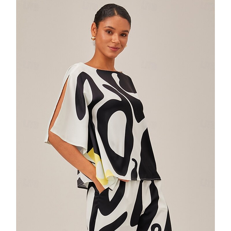Women's Satin Silk Shirt Color Combo Casual Daily Magyar Sleeve Black Ladies Flowy Graphic Half-Sleeve Casual Daily Bateau Spring &  Fall Cross-Seasons