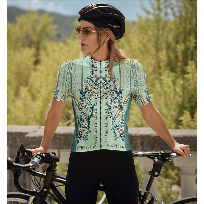Women's Cycling Jersey Graphic Floral Botanical Vintage Short Sleeve Bike Jersey Top with 3 Rear Pockets Quick Dry Reflective Strips Back Pocket Moisture Wicking Sports Green Clothing Apparel