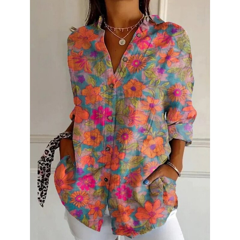 Women's Shirt Floral Striped Stylish Modern Long Sleeve Shirt Collar Regular Tops Daily Holiday Pocket Buttons Print Blue Purple Fuchsia Orange Summer4