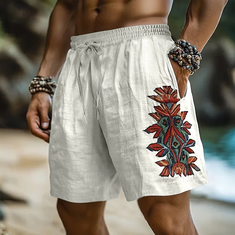 Men's Shorts Linen Shorts Summer Shorts Beach Shorts Drawstring Elastic Waist Comfort Breathable Knee Length Outdoor Holiday Beach Wear Vacation Ethnic Style Black Sky Blue