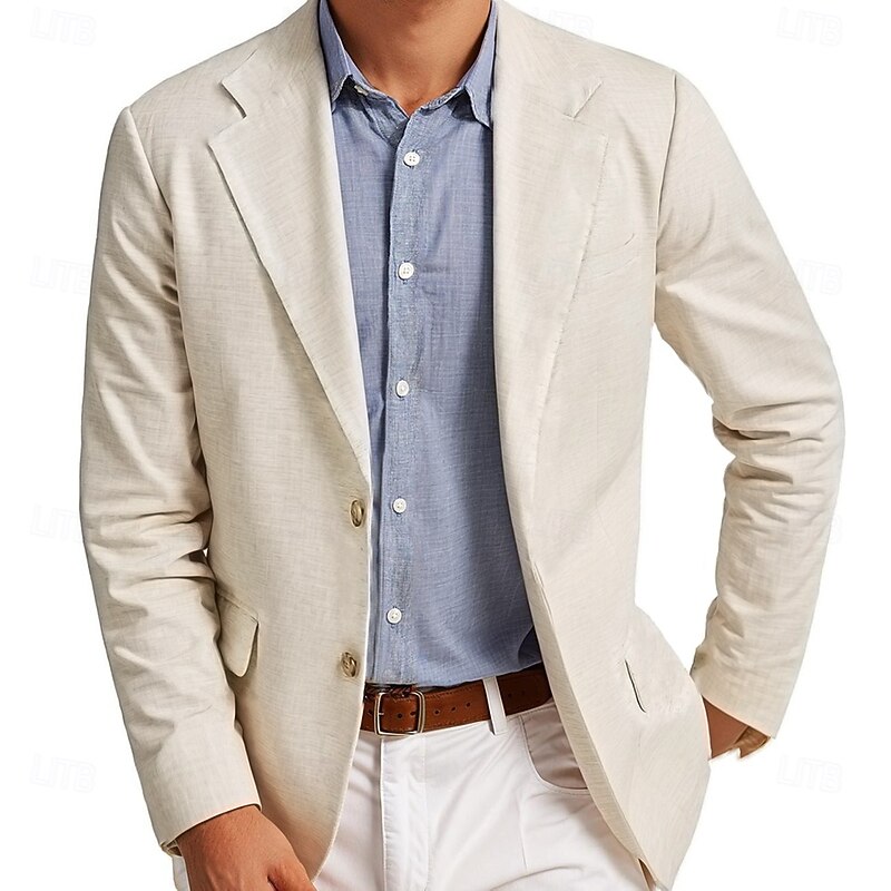 Men's Linen Blazer Notch Collar Fashion Casual Solid Colored Blazer Beige Standard Fit Single Breasted Two-buttons2