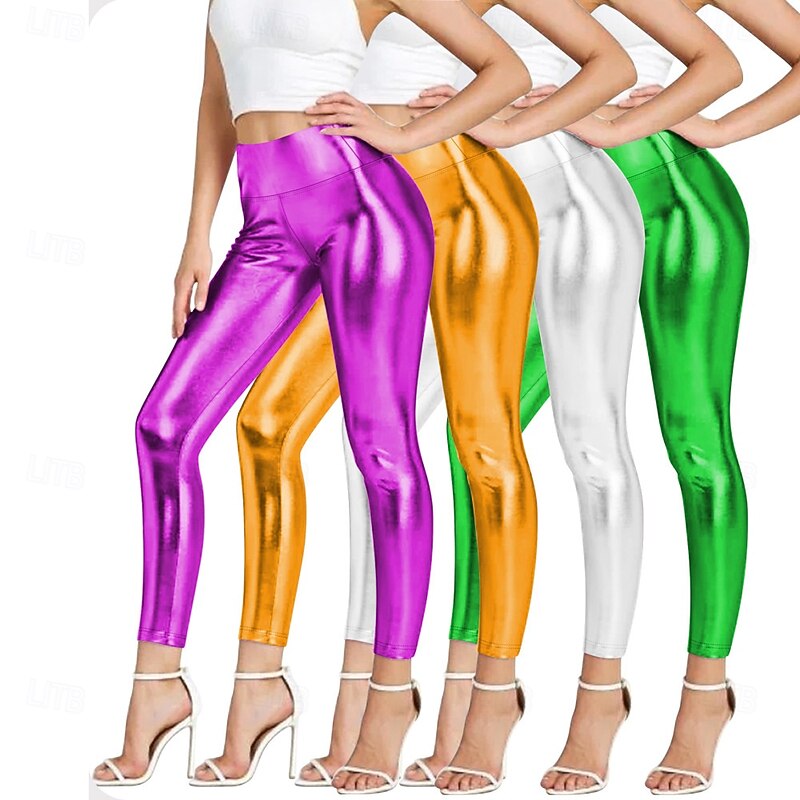 Retro Vintage 1970s Ankle Length Leggings PU Trousers Disco Shiny Latex Patent Metallic Fancy Dress Women's Halloween Carnival Pride Parade Pride Month Adults' Pants All Seasons