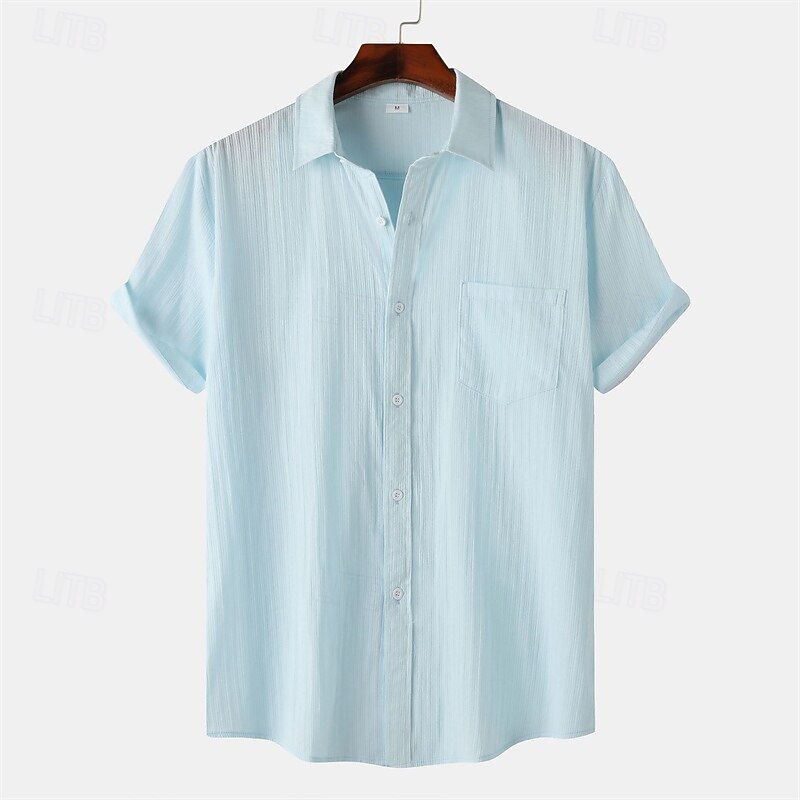 Men's Shirt Casual Shirt Button Up Shirt Plain Vacation Street Black White Yellow Light Green Short Sleeve Lapel Summer Clothing Apparel Button-Down