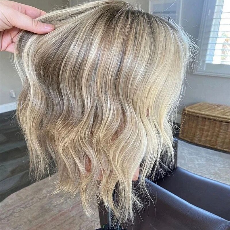 Short 100% VirginRemy Human Hair 5x5 Closure 13x4 Lace Front Wig Layered Haircut Brazilian Hair Wavy Blonde Wig Highlighted Colored Hair Natural Hairline Glueless For Women4