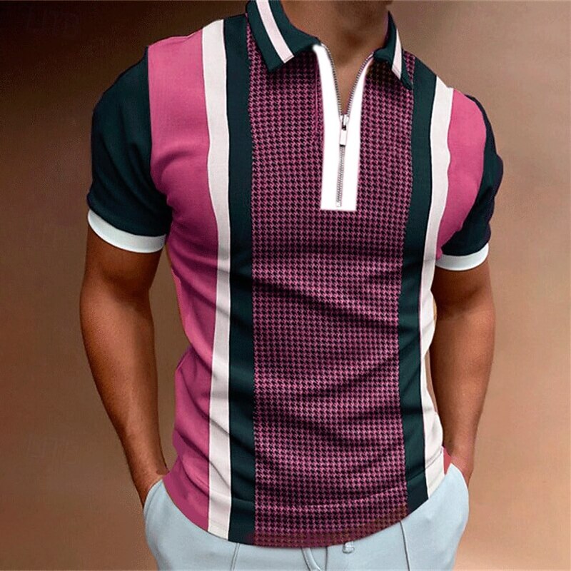 Men's Striped Zip Polo Shirts Golf Shirt Short Sleeve Polo Shirts Collared Shirts Business Casual WorkWear Formal Wear Festival Wear 3D Print Quarter Zip Polo Black Pink Purple2