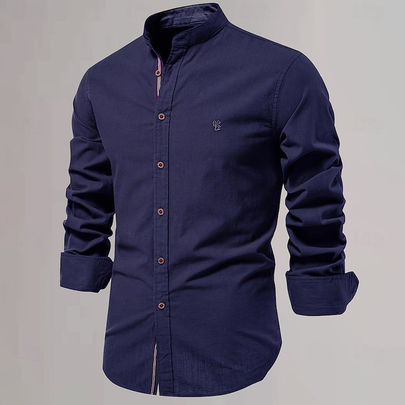 Men's Chinese Collar Shirt Mandarin Collar Shirt Cotton Linen Shirt Plain Vacation Casual Daily Black White Light Green Dark Blue Long Sleeve Grandad Collar Clothing Apparel