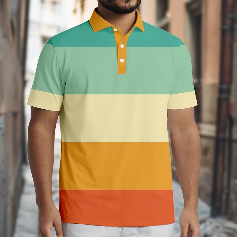 Men's Horizontal Stripes Rugby Polo Short Sleeve Polo Shirts Collared Shirts Casual School Outdoor Athleisure Daily Wear Buttons 3D Print Summer Blue Orange