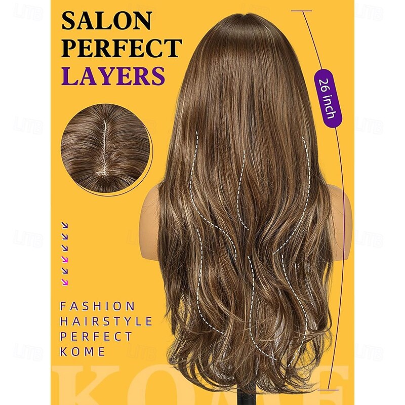 Brown Blonde Highlight Wigs with Bangs Brown Layered Wig for WomenLong Wavy Wigs Synthetic Hair Wig for Party Daily Use 26IN4