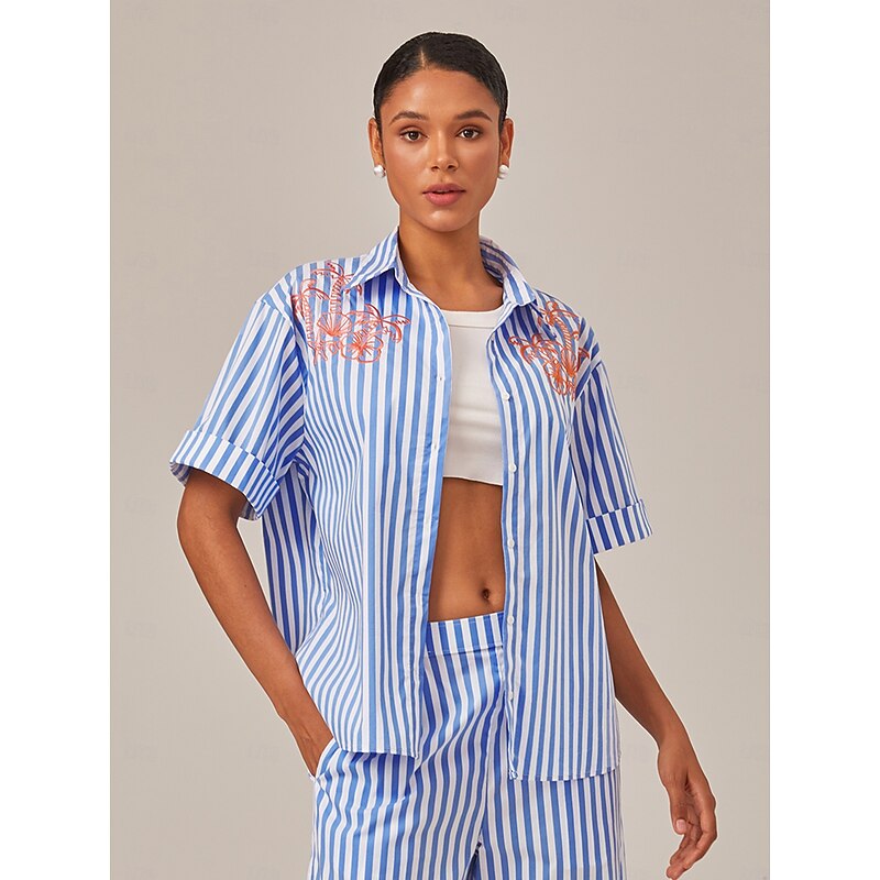Summer Striped Embroidered Oversized Shirt