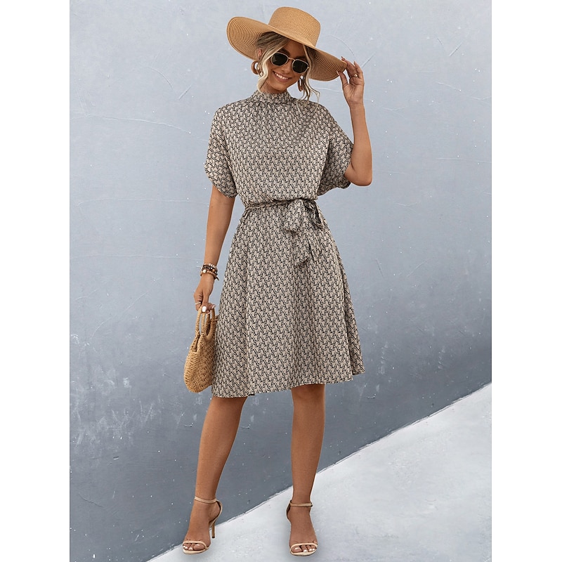 Women's Midi Dress Work Dresses Casual Daily Regular Fit Graphic Plaid Short Sleeve High Neck Black Brown Summer4