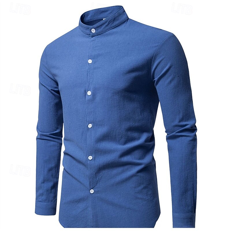 Men's Shirt Summer Shirt Casual Shirt Beach Shirt Button Up Shirt Black White Dark Navy Army Green Light Blue Long Sleeve Plain Grandad Collar Standing Collar Vacation Hawaiian Clothing Apparel4