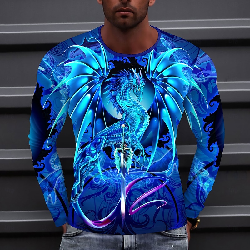 Dragonsword SEABLADE Ruth Thompson-Nina Nylander Men's 3D Dragon T Shirt Long Sleeve T shirt 3D Print Crew Neck Shirt Fashion Exaggerated Street Casual Daily Blue Summer Spring Clothing Apparel S M L