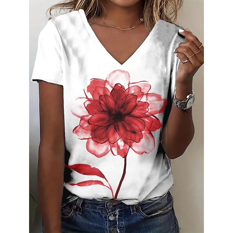 Women's T Shirt Summer Tops Floral Graphic Classic Casual Short Sleeve V Neck Crop Tops Daily Weekend Print Yellow Red Purple Green Light Blue Summer Spring Fall4