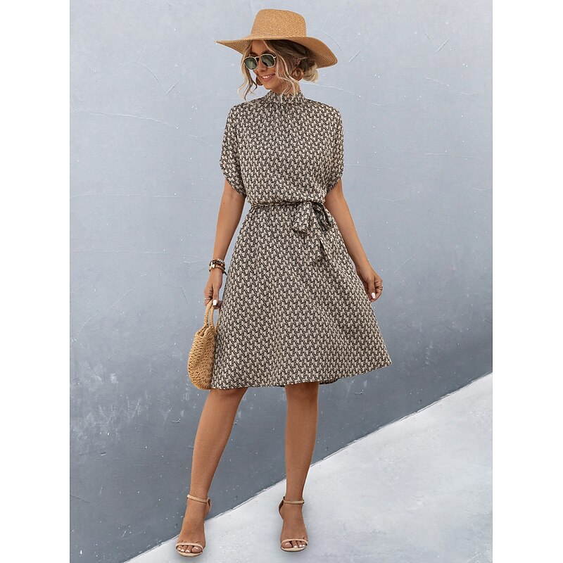 Women's Midi Dress Work Dresses Casual Daily Regular Fit Graphic Plaid Short Sleeve High Neck Black Brown Summer3