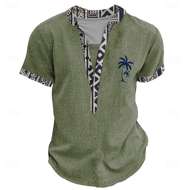 Men's Graphic Tribal Henley Shirt Short Sleeve 3D Print Fashion Designer Basic Street Casual Daily Summer Spring Light Blue Black Light Green Khaki Henley Henley T-Shirt4