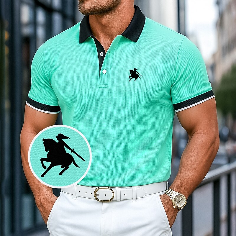 Men's Cotton Polo Shirt Golf Polos Shirts Work Business Ribbed Polo Collar Classic Short Sleeve Basic Modern Solid Color Buttons Logo Summer Spring & Summer Regular Fit Light Green Cotton Polo Shirt