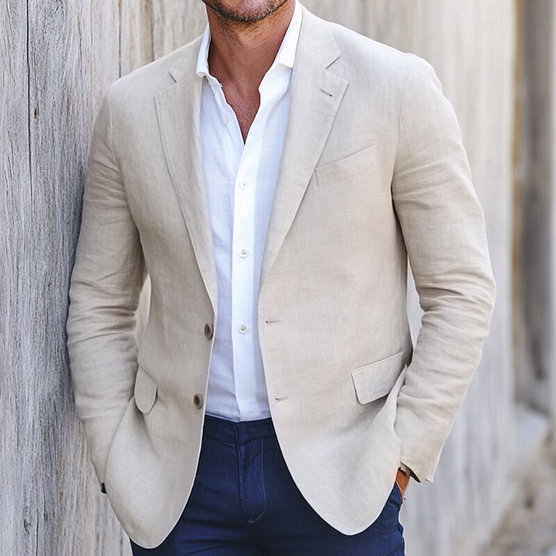 Men's Linen Blazer Sport Coat Notch Collar Fashion Casual Solid Colored Blazer Beige Standard Fit Single Breasted Two-buttons