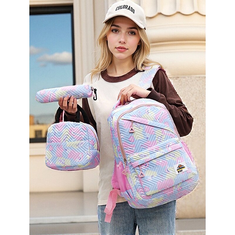 Girls' 3-Piece Pastel Backpack Set with Lunch Bag and Pencil Case – Lightweight Quilted School Bookbag for Teen Students and Daily Use2