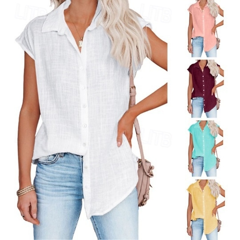 Women's Shirt Button Down Blouse Solid Color Plain Basic Casual Short Sleeve Shirt Button Down Blouse Collar Regular Tops Daily Buttons Black White Pink Wine Summer Spring