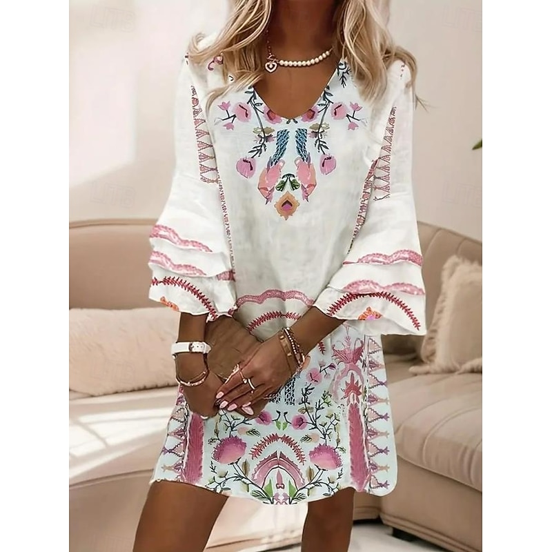 Women's Mini Dress Sundress A Line Dress Ruffle Dress Vacation Casual Boho Daily Going out Regular Fit Floral Graphic Tropical 3/4 Length Sleeve V Neck White Summer Spring